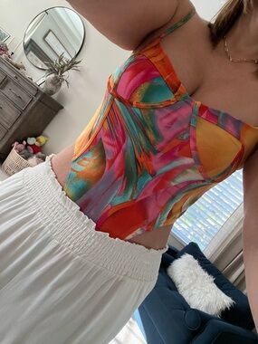 Timing Multicolor Abstract Halter Bustier Top